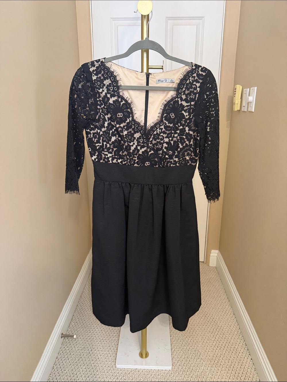 Eliza J Black Lace Fit-and-Flare Dress with Nude Lining